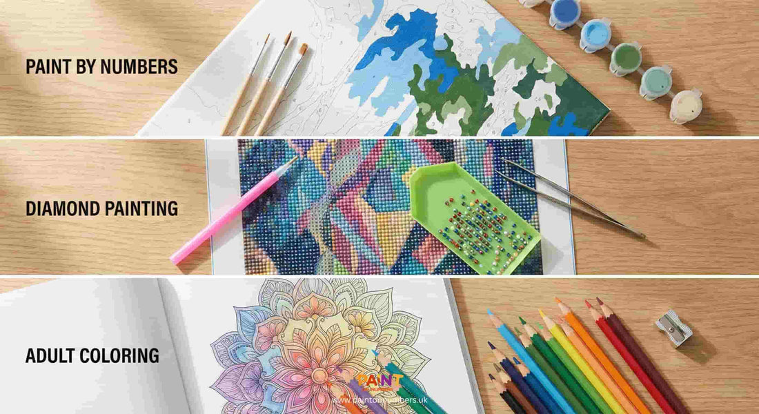 Flat-lay comparison of paint by numbers, diamond painting, and adult coloring materials.