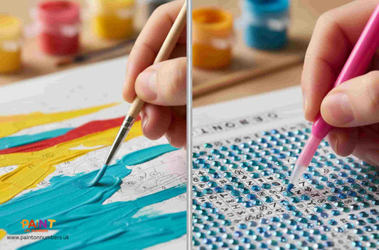 Side-by-side comparison of a person painting with a brush on a paint by numbers canvas and placing blue resin drills on a diamond painting canvas.
