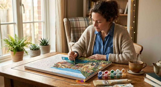 A person painting a paint by numbers canvas in a calm, well-lit room, representing mindfulness and wellbeing through creative activity