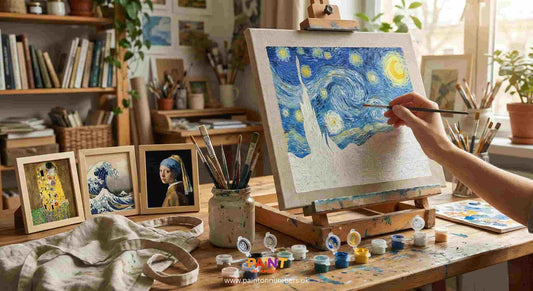 Painting a Starry Night–style paint by numbers artwork on an easel in a cozy home art studio with brushes and paint pots