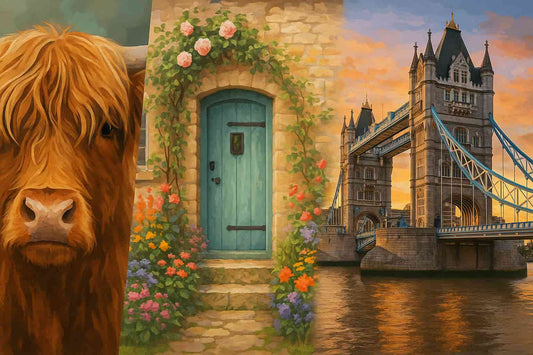 Photorealistic collage of UK paint by numbers art featuring a Highland cow, a Cotswolds cottage door, and Tower Bridge at sunset.