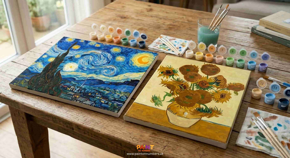 Van Gogh Starry Night and Sunflowers paint by numbers kits displayed side by side on a wooden table showing the two most popular famous art designs