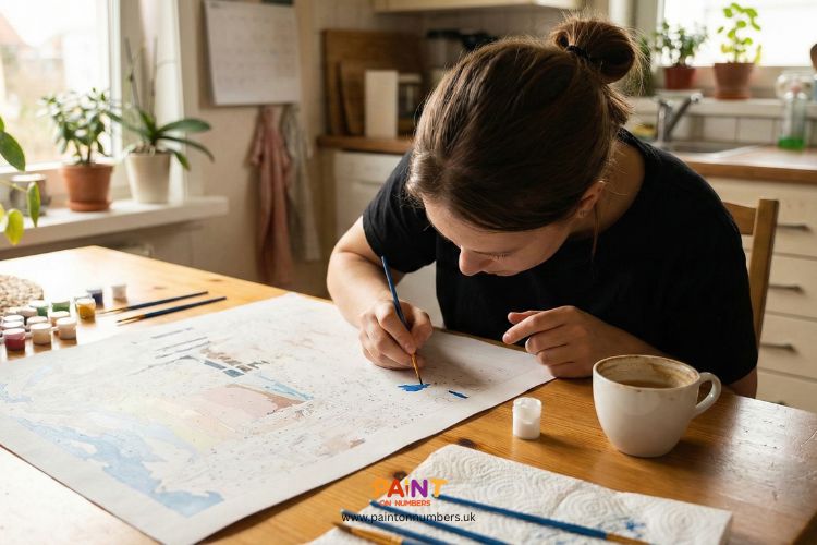 Woman sitting at a table painting a paint by numbers canvas with blue acrylic paint in a cozy home setting.