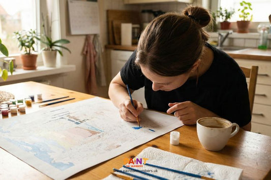 Woman sitting at a table painting a paint by numbers canvas with blue acrylic paint in a cozy home setting.