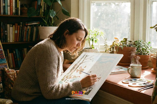 Woman painting a paint by numbers canvas while sitting by a sunny window with plants and a warm drink nearby.