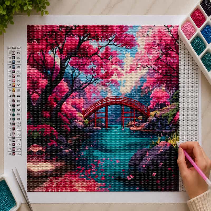 A diamond painting canvas kept in a wooden table showing a cherry blossom tree and bridgedesign
