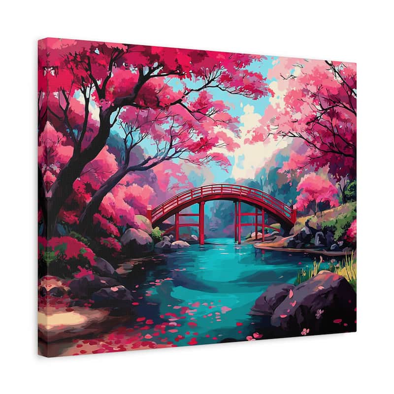 Scenic paint by numbers artwork of a red wooden bridge over a calm river, surrounded by pink flowering trees and lush greenery.