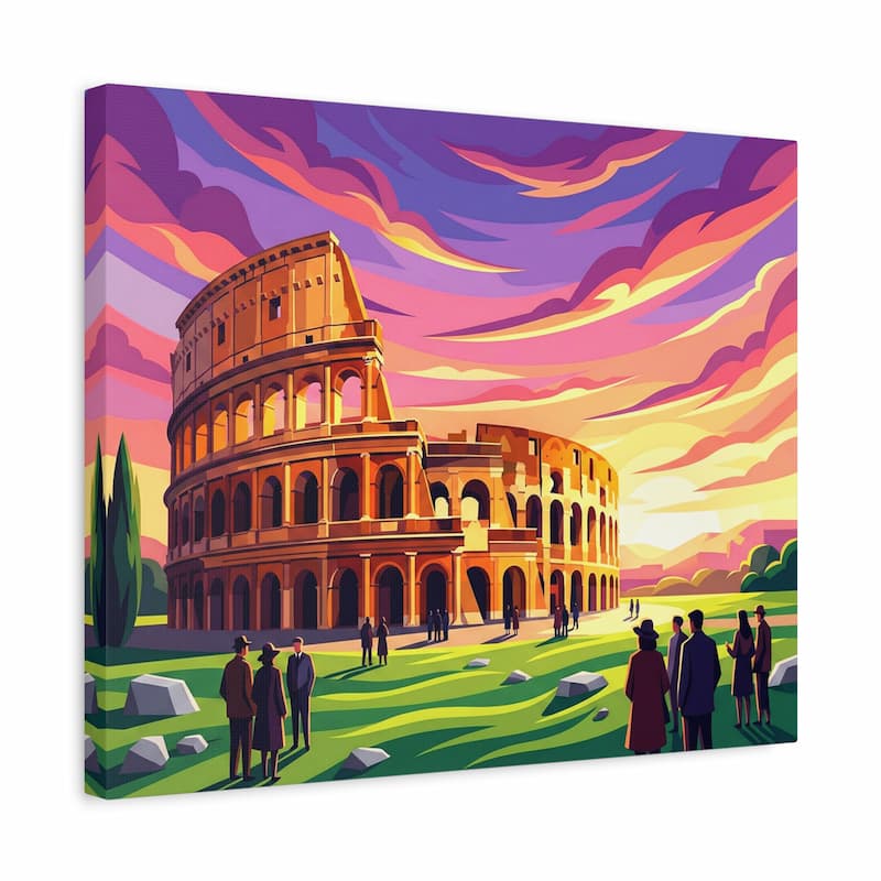 Stylized paint by numbers artwork of the Colosseum in Rome at sunset, with people walking across a green foreground under a colorful sky