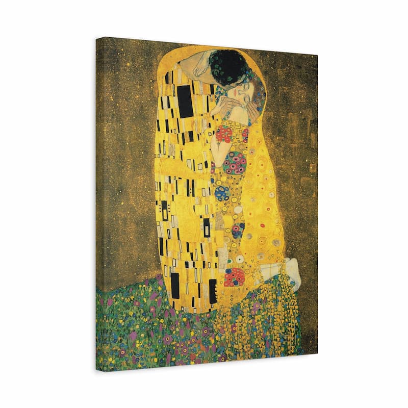 Paint by numbers reproduction of The Kiss by Gustav Klimt, showing a couple embracing in golden patterned robes