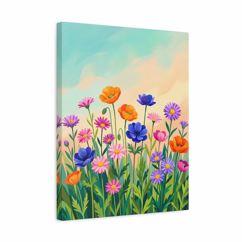 Colorful wildflower paint by numbers artwork featuring blooming flowers in pink, orange, blue, and purple against a soft pastel sky