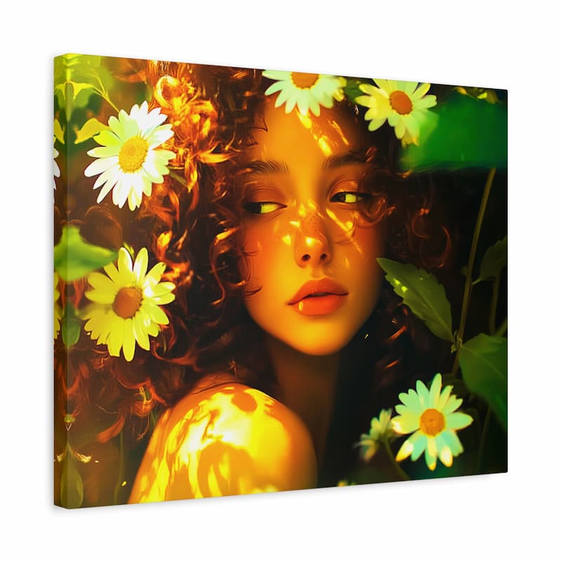 Dreamy paint by numbers artwork of a woman surrounded by white daisies, with warm golden light and soft green foliage