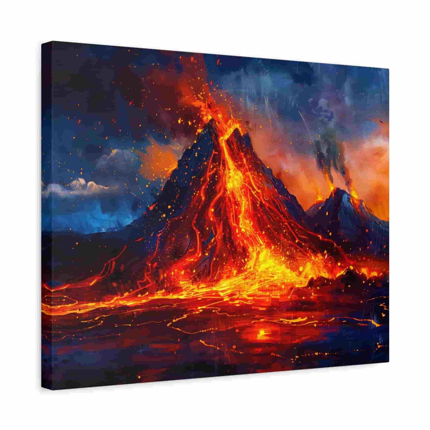 Fiery volcano erupting with bright orange lava flowing down dark rocky slopes under a dramatic night sky.