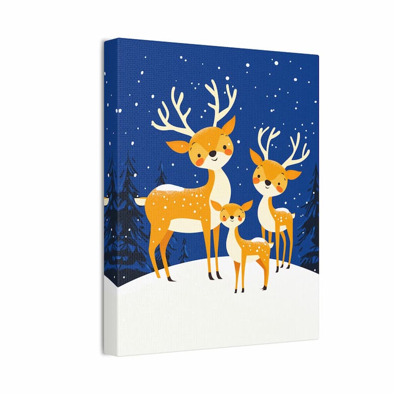 Cute illustration of three reindeer standing on snowy ground at night with pine trees and falling snow in the background.