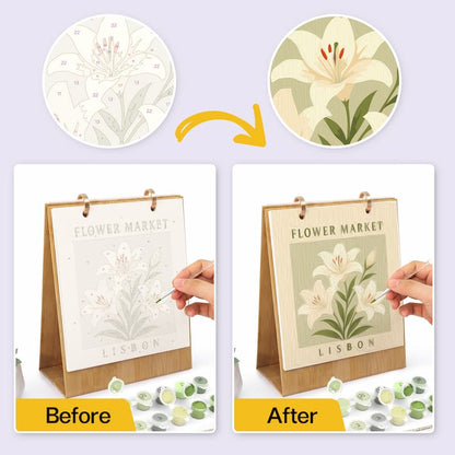 A before-and-after comparison showing a floral canvas painting kit on a wooden easel. The top shows two circular close-ups of a lily flower design, with the left labeled 'Before' and the right labeled 'After'.