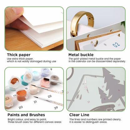 A four-panel product feature graphic for a paper calendar ring binder. The panels show a hand holding thick white paper, a gold metal ring buckle, paintbrushes and small paint pots, and a clear sample sheet with printed numbers and shapes.