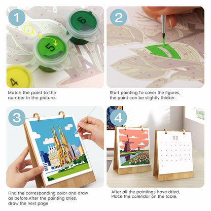 A four-step instructional collage showing how to paint and use a colorful calendar art kit. Step 1 shows paint pots and a printed template with matching number labels.