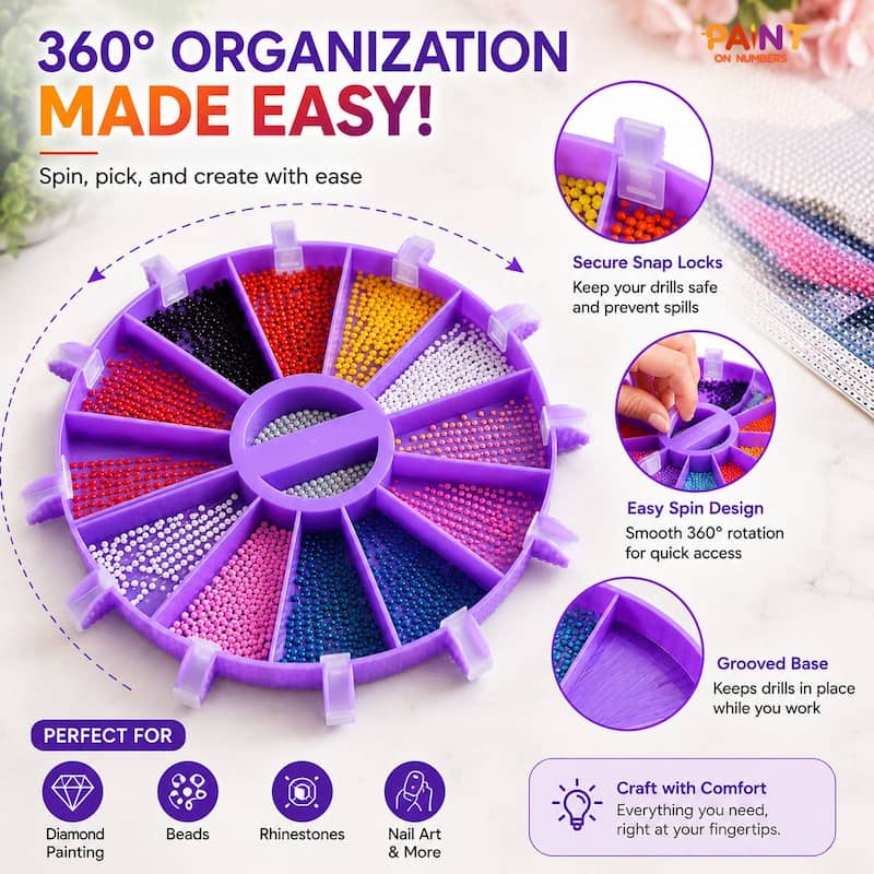 Purple 360-degree organization tool with various colored beads and features highlighted.
