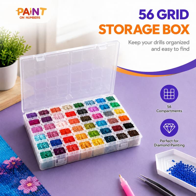 56-grid storage box for beads with colorful compartments on a purple surface, featuring the brand 'Paint on Numbers'.