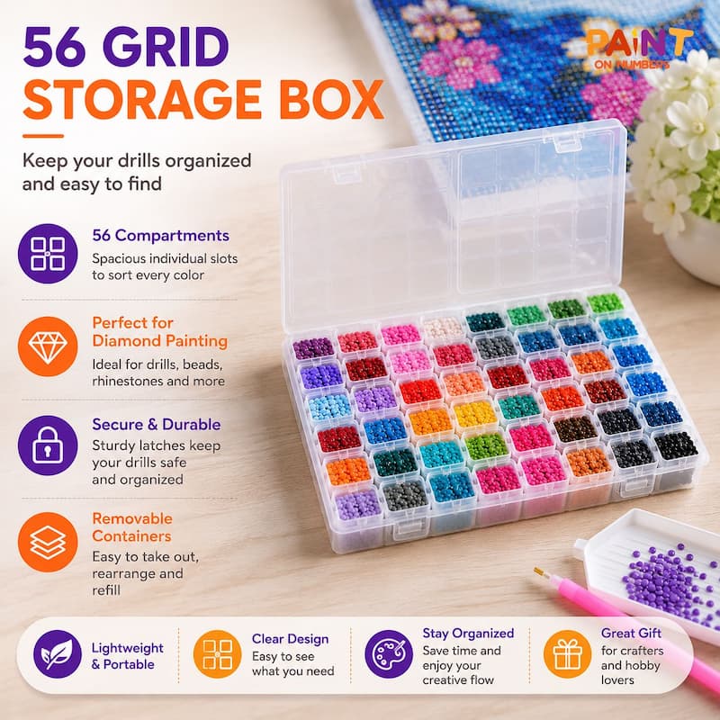 56-grid storage box for drills and beads with product features listed