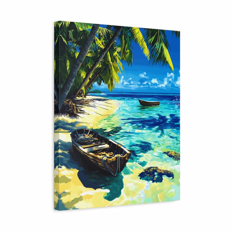 Tropical beach scene with a boat and palm trees on a book cover