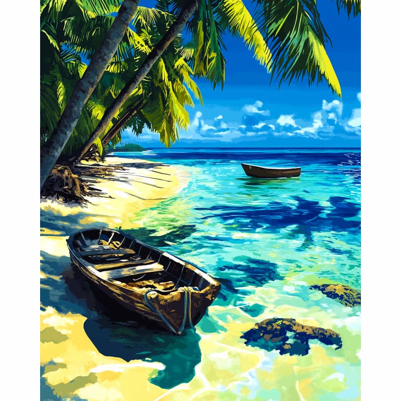 Coastal scene with a boat near a palm tree on a tropical beach