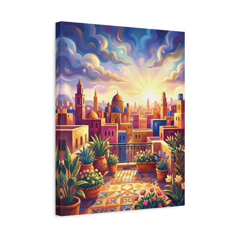 Canvas print of a colorful cityscape with buildings and plants on a white background