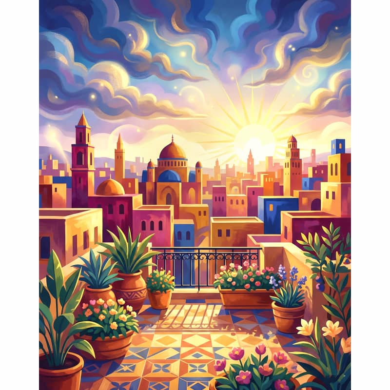 Colorful cityscape with buildings and plants on a balcony
