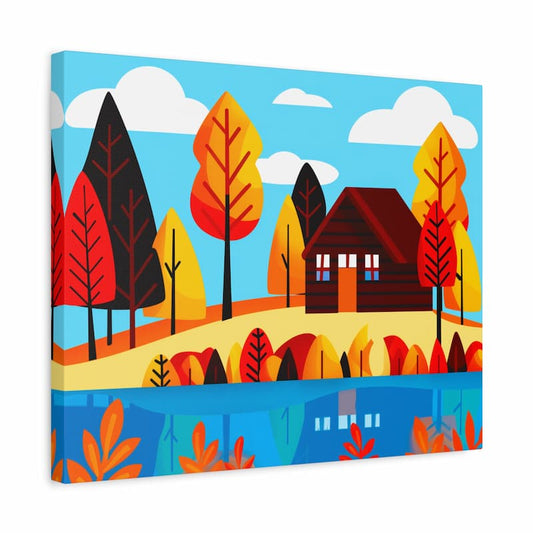 Canvas print of a colorful autumn landscape with trees and a house.
