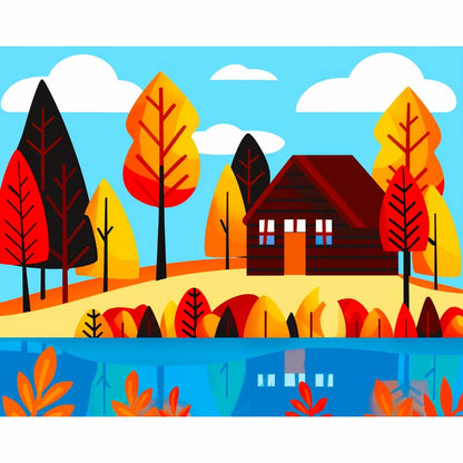 Colorful illustration of a house surrounded by trees with autumn foliage on a blue background.