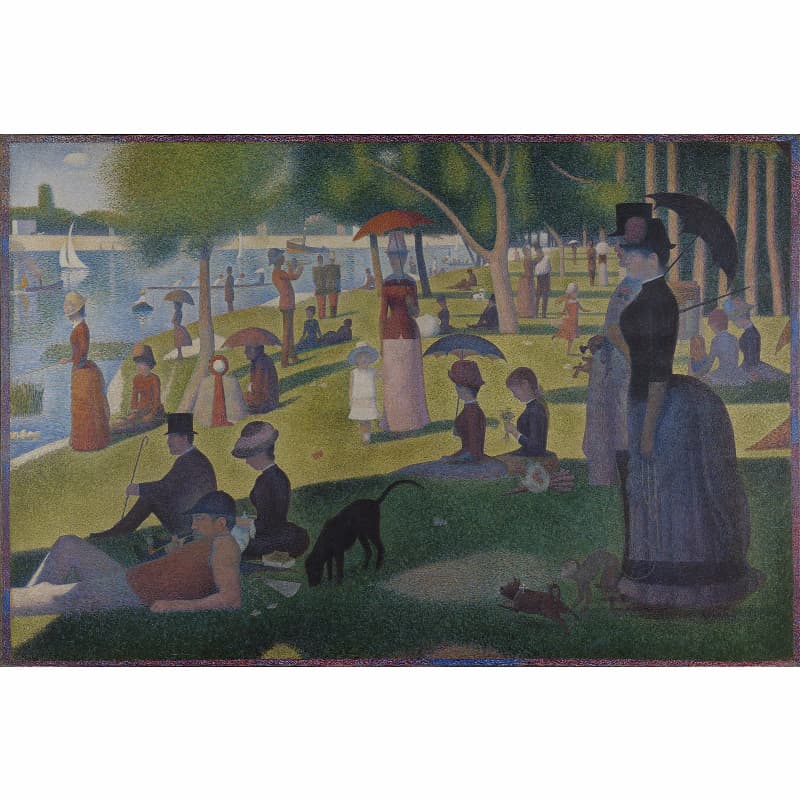 Famous painting of a park scene with people and umbrellas by a body of water.