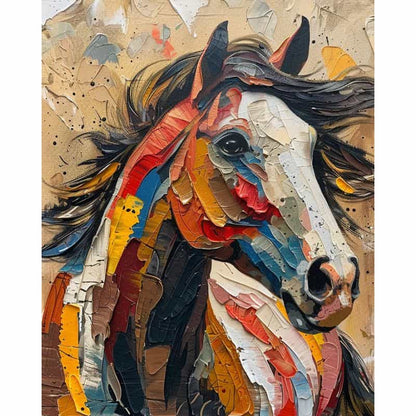 Colorful mosaic art of a horse's head on a textured background