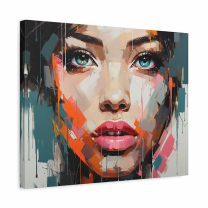 Colorful abstract painting of a woman's face on a white background