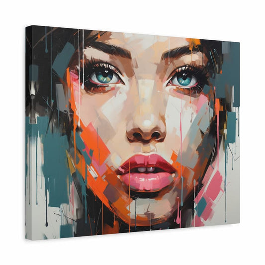Colorful abstract painting of a woman's face on a white background
