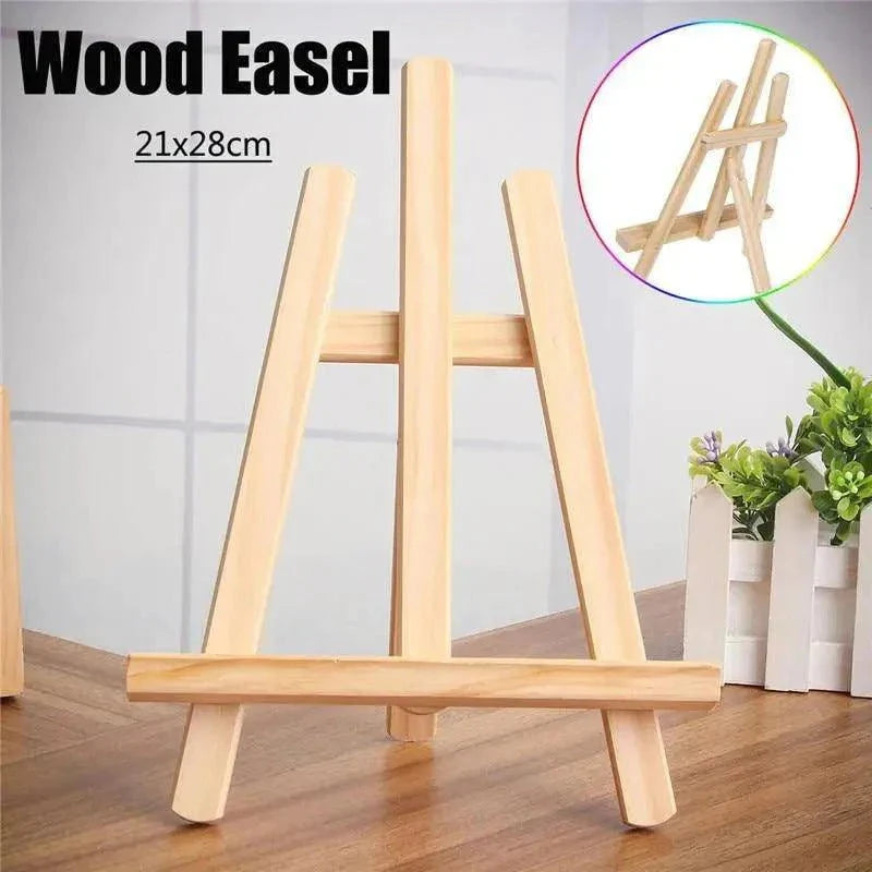 Wooden easel with dimensions 21x28cm on a wooden floor.