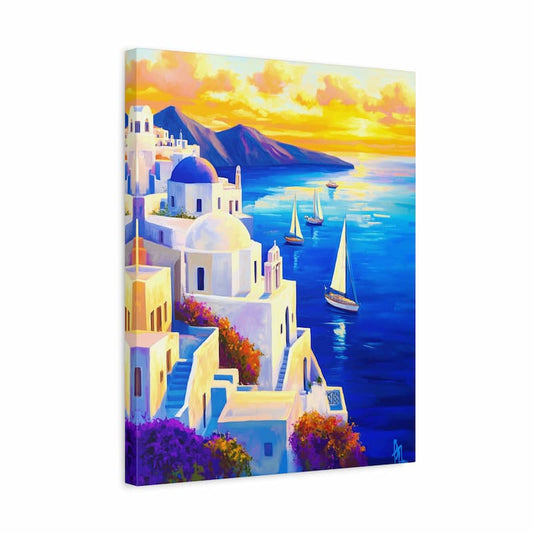 Canvas print of a Greek island scene with white buildings, blue sky, and sailboats.