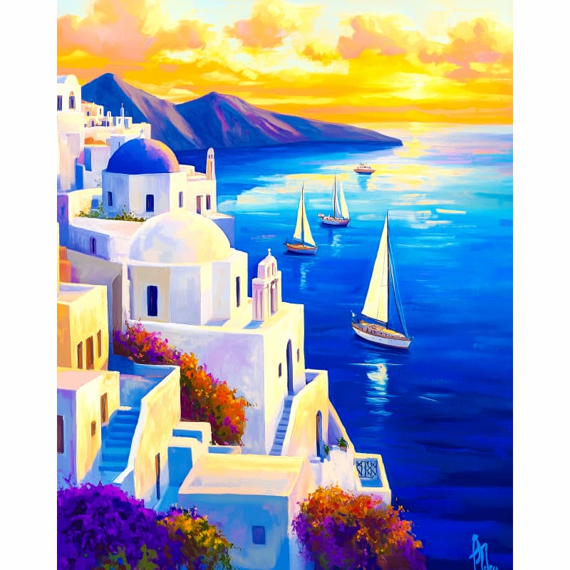 Colorful painting of a coastal scene with white buildings, blue domes, and sailboats.