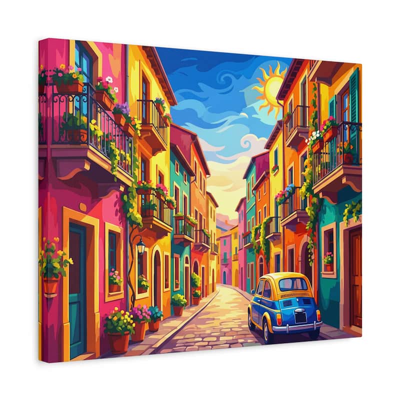 Colorful street scene with buildings and a vintage car on a white background