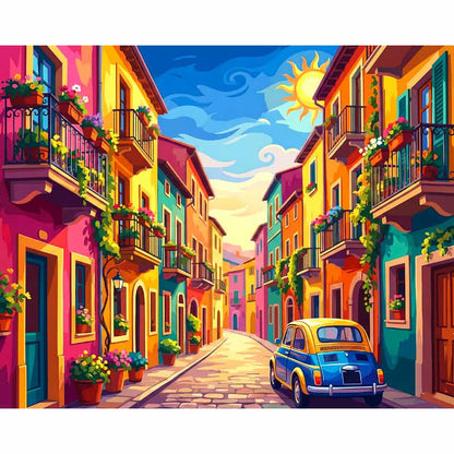Colorful street scene with a vintage car in a cartoon style
