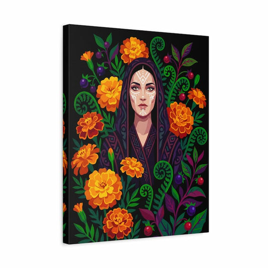 Canvas print with a stylized portrait of a woman surrounded by colorful flowers on a black background