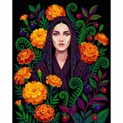 Colorful illustration of a woman with floral and leafy elements on a black background
