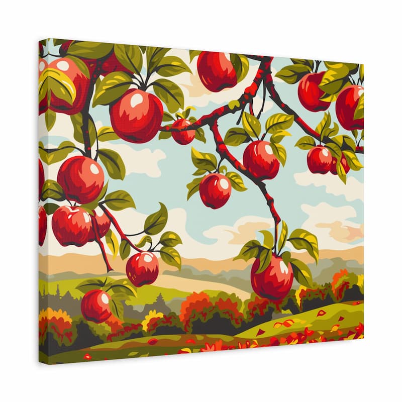 Canvas print of a vibrant apple orchard scene with red apples on a branch.