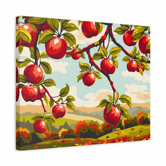 Canvas print of a vibrant apple orchard scene with red apples on a branch.