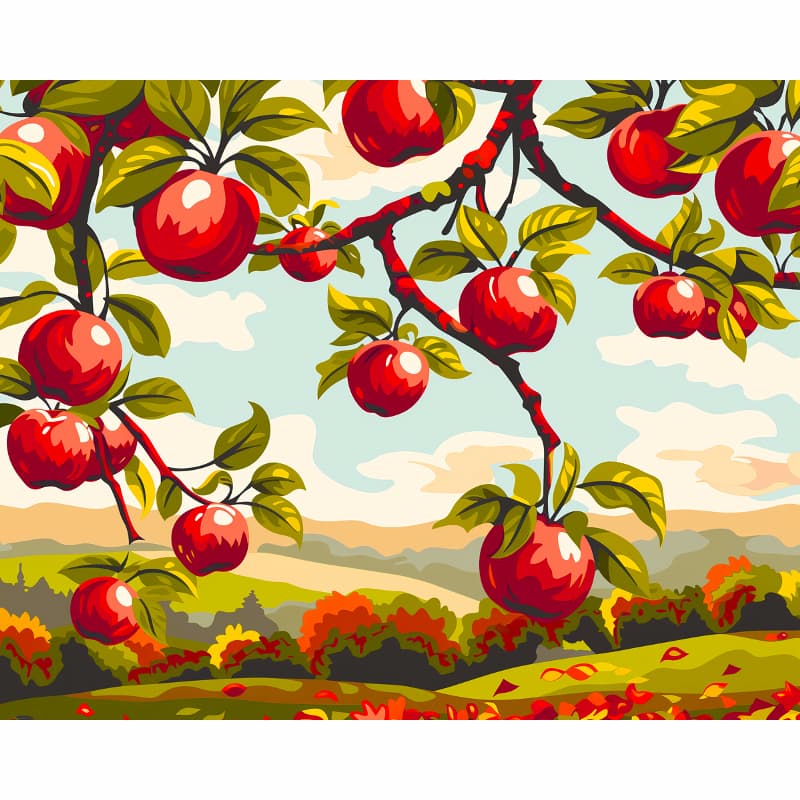 Illustration of red apples on a tree branch with a landscape background