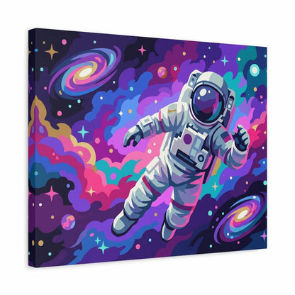 Canvas print of an astronaut in space with colorful nebulae and stars.