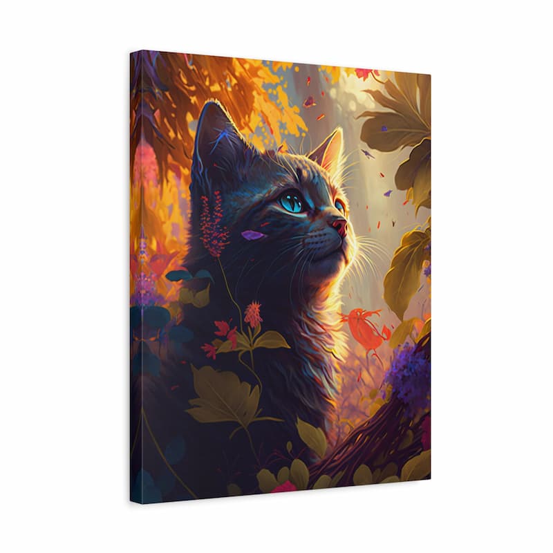 Canvas print of a cat surrounded by autumn leaves and flowers