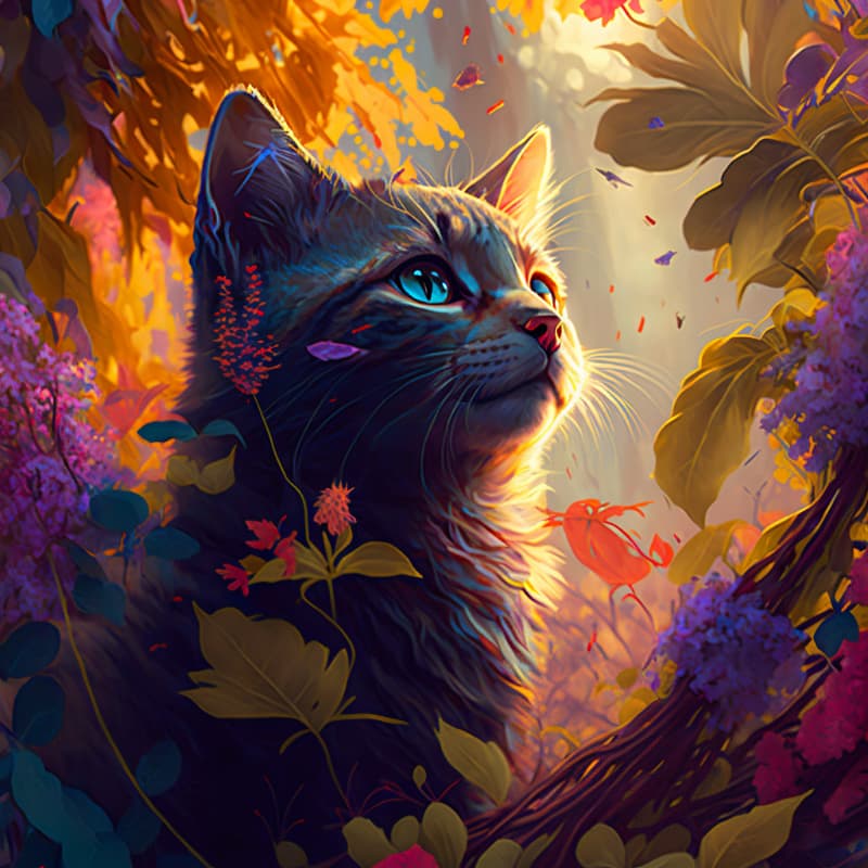 Cat with blue eyes surrounded by colorful foliage and flowers