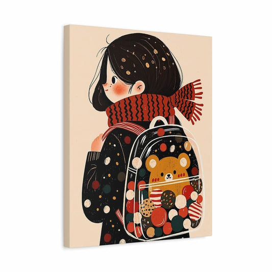 Illustration of a child with a backpack and scarf on a beige background