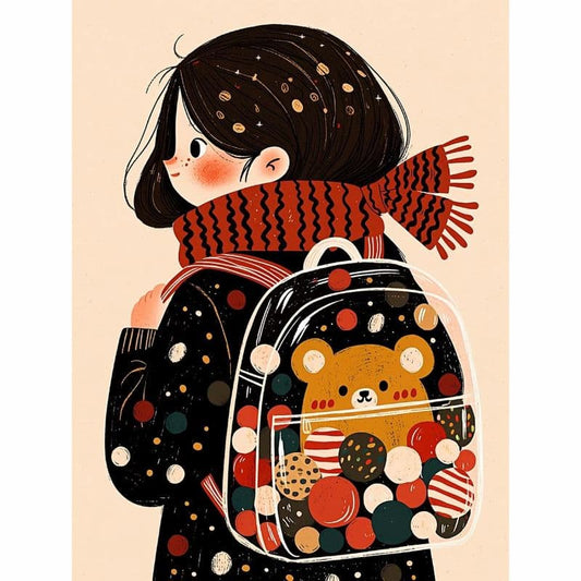 Illustration of a girl wearing a colorful scarf with a backpack featuring a bear design.