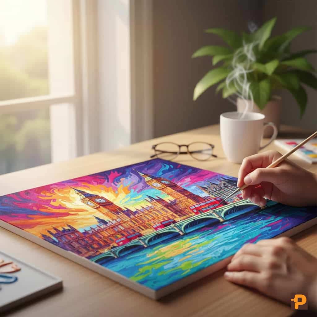 Person painting a colorful cityscape on a wooden table with a cup of coffee and plant in the background.