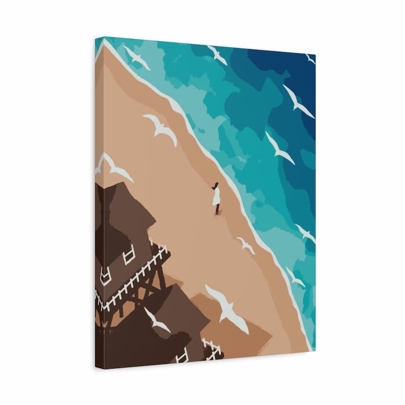 Beach aerial view paint by numbers canvas featuring turquoise ocean waves, sandy shoreline, flying seagulls, and a small seaside house with a person walking along the coast